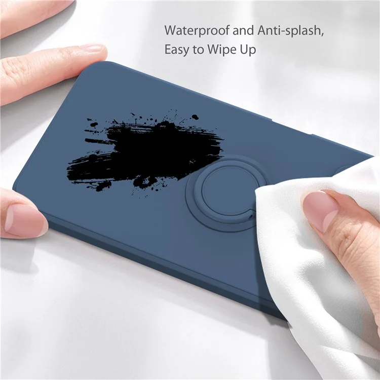 Flexible Liquid Silicone Phone Protective Case Shell with Ring Kickstand and Strap for Xiaomi Redmi Note 10 Pro 4G - Black