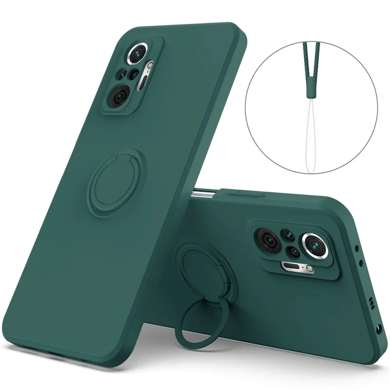 Flexible Liquid Silicone Phone Protective Case Shell with Ring Kickstand and Strap for Xiaomi Redmi Note 10 Pro 4G - Blackish Green
