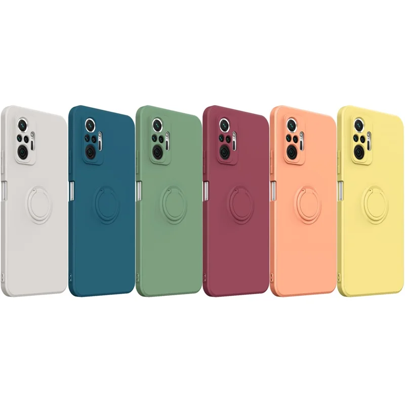 Flexible Liquid Silicone Phone Protective Case Shell with Ring Kickstand and Strap for Xiaomi Redmi Note 10 Pro 4G - Blackish Green