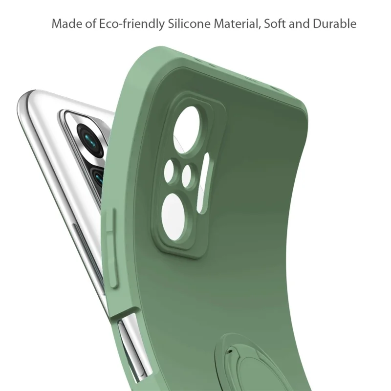 Flexible Liquid Silicone Phone Protective Case Shell with Ring Kickstand and Strap for Xiaomi Redmi Note 10 Pro 4G - Blackish Green