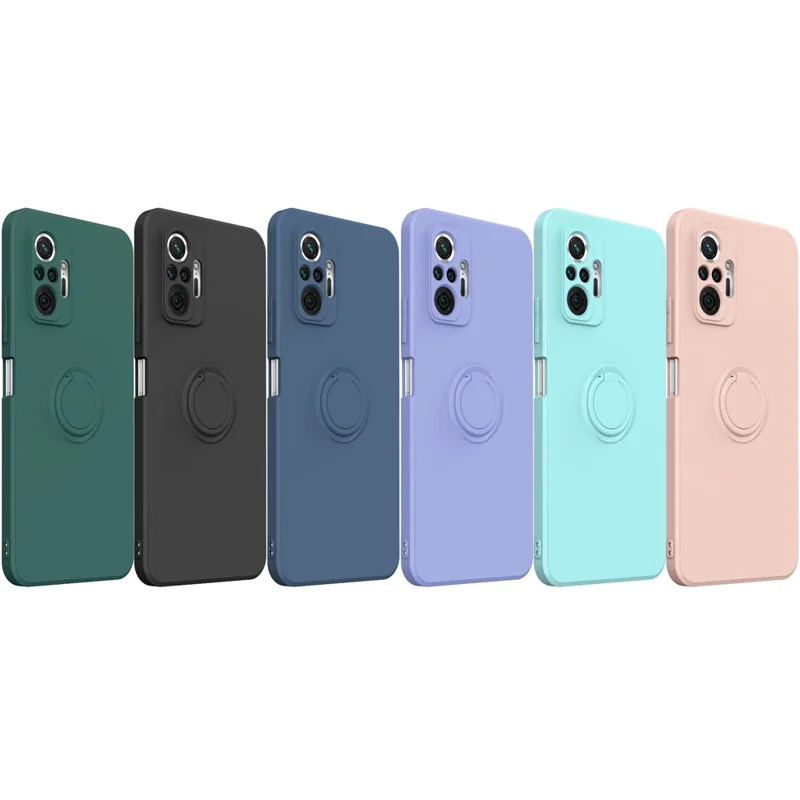Flexible Liquid Silicone Phone Protective Case Shell with Ring Kickstand and Strap for Xiaomi Redmi Note 10 Pro 4G - Blackish Green