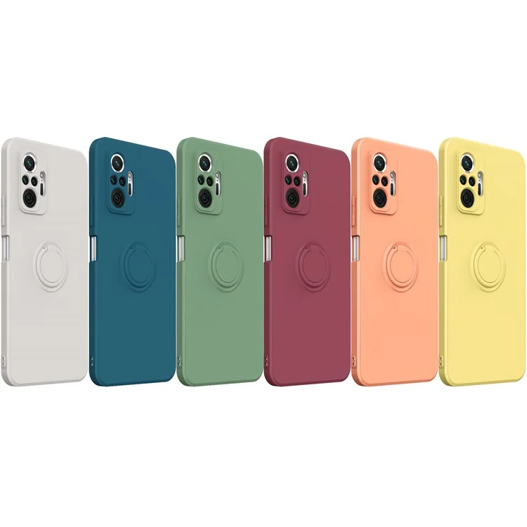Flexible Liquid Silicone Phone Protective Case Shell with Ring Kickstand and Strap for Xiaomi Redmi Note 10 Pro 4G - Midnight Blue