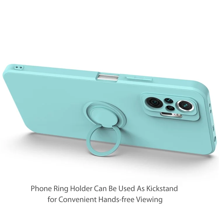Flexible Liquid Silicone Phone Protective Case Shell with Ring Kickstand and Strap for Xiaomi Redmi Note 10 Pro 4G - Midnight Blue