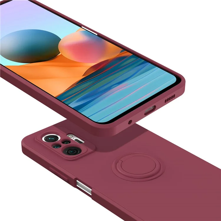 Flexible Liquid Silicone Phone Protective Case Shell with Ring Kickstand and Strap for Xiaomi Redmi Note 10 Pro 4G - Midnight Blue