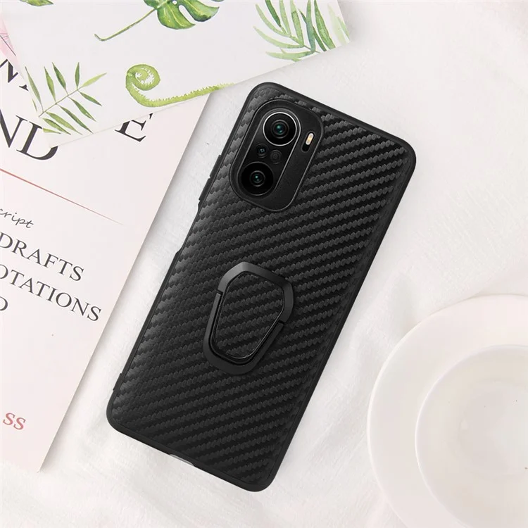 Étui de téléphone en cuir PU texturé recouvert de PC + TPU avec support pour Xiaomi Mi 11i / Poco F3 / Redmi K40 / K40 Pro / K40 Pro+ - Fibre de carbone