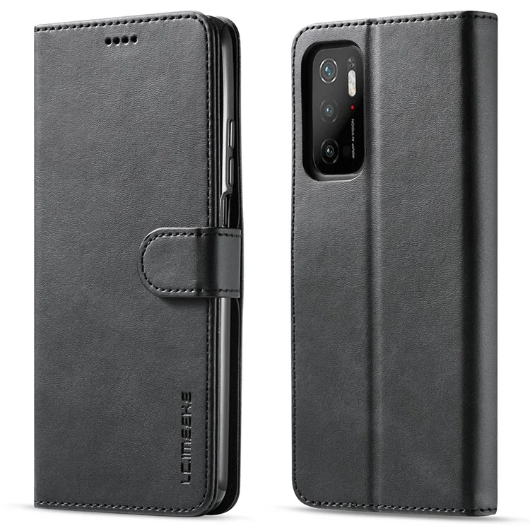 LC.IMEEKE Wallet Design Leather Phone Stand Case Protector for Xiaomi Poco M3 Pro / Redmi Note 10 5G - Black
