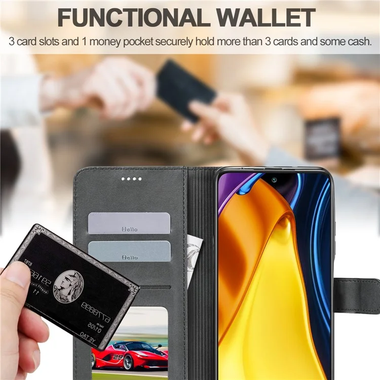 LC.IMEEKE Wallet Design Leather Phone Stand Case Protector for Xiaomi Poco M3 Pro / Redmi Note 10 5G - Black