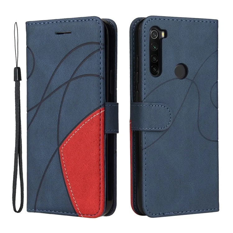 KT Leather Series-1 Bi-color Splicing Design for Xiaomi Redmi Note 8T, Skin Touch Feeling PU Leather Wallet Case Flip Cover with Wrist Strap - Blue