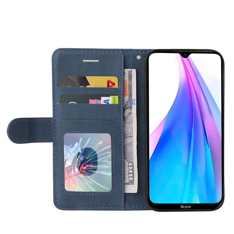 KT Leather Series-1 Bi-color Splicing Design for Xiaomi Redmi Note 8T, Skin Touch Feeling PU Leather Wallet Case Flip Cover with Wrist Strap - Blue