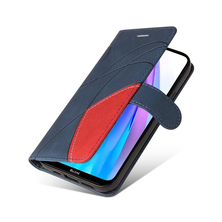 KT Leather Series-1 Bi-color Splicing Design for Xiaomi Redmi Note 8T, Skin Touch Feeling PU Leather Wallet Case Flip Cover with Wrist Strap - Blue