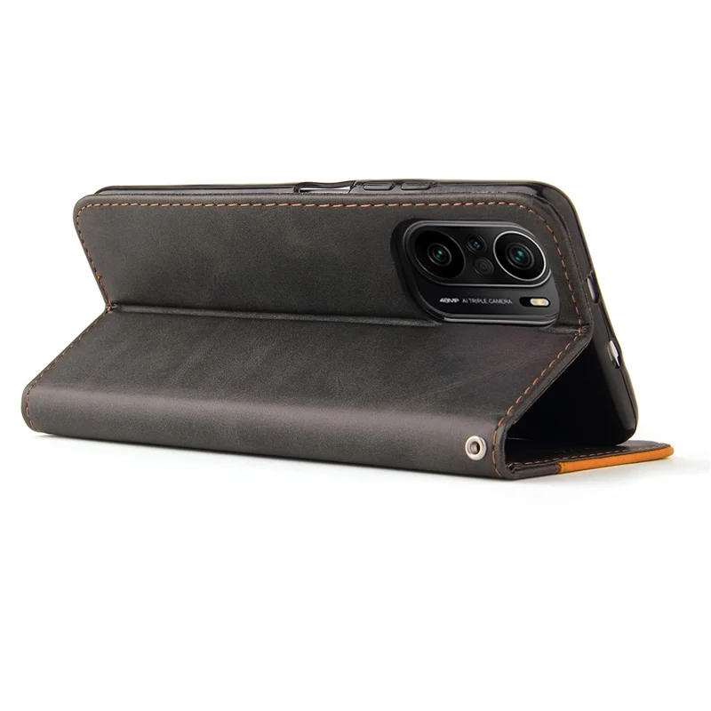 Contrasto Colore Splicing Business Style PU Leather Flip Stand Wallet Cover con Cinghia per Xiaomi Redmi K40 / Redmi K40 Pro / Poco F3 / Mi 11i - Arancione/Nero