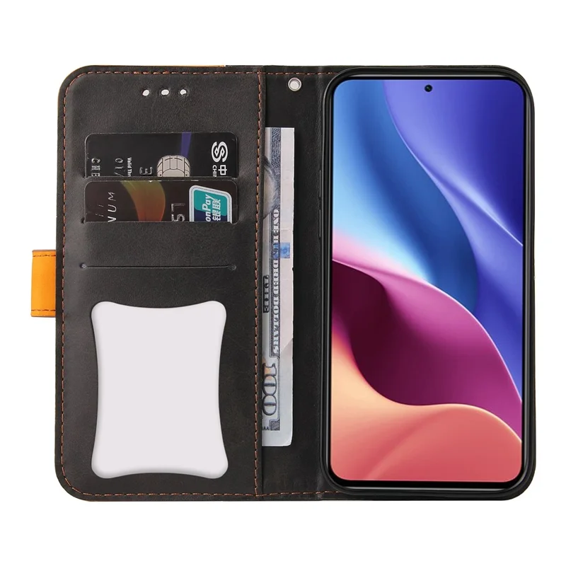 Contrasto Colore Splicing Business Style PU Leather Flip Stand Wallet Cover con Cinghia per Xiaomi Redmi K40 / Redmi K40 Pro / Poco F3 / Mi 11i - Arancione/Nero