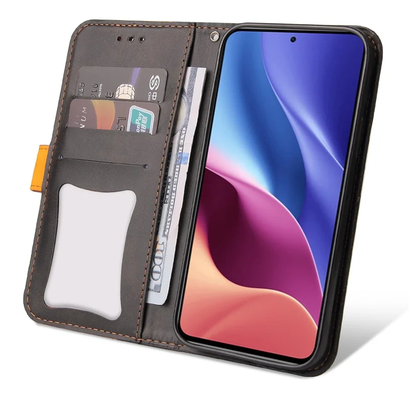 Contrasto Colore Splicing Business Style PU Leather Flip Stand Wallet Cover con Cinghia per Xiaomi Redmi K40 / Redmi K40 Pro / Poco F3 / Mi 11i - Arancione/Nero