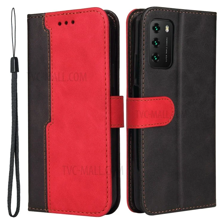 Color de Protección Completa Empicimiento PU Caja de Billetera de Soporte de Cuero Con Correa Para la Muñeca Para Xiaomi Poco M3 / Redmi Note 9 4G (Qualcomm Snapdragon 662) / Redmi 9 Potencia / Redmi 9t - Negro Rojo