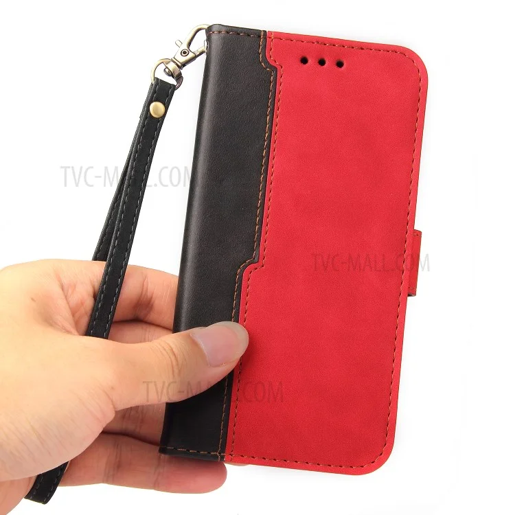 Color de Protección Completa Empicimiento PU Caja de Billetera de Soporte de Cuero Con Correa Para la Muñeca Para Xiaomi Poco M3 / Redmi Note 9 4G (Qualcomm Snapdragon 662) / Redmi 9 Potencia / Redmi 9t - Negro Rojo