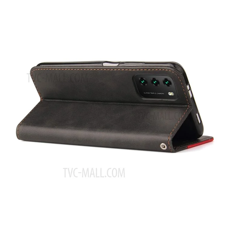 Color de Protección Completa Empicimiento PU Caja de Billetera de Soporte de Cuero Con Correa Para la Muñeca Para Xiaomi Poco M3 / Redmi Note 9 4G (Qualcomm Snapdragon 662) / Redmi 9 Potencia / Redmi 9t - Negro Rojo