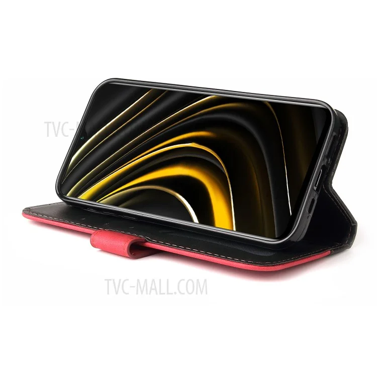 Color de Protección Completa Empicimiento PU Caja de Billetera de Soporte de Cuero Con Correa Para la Muñeca Para Xiaomi Poco M3 / Redmi Note 9 4G (Qualcomm Snapdragon 662) / Redmi 9 Potencia / Redmi 9t - Negro Rojo