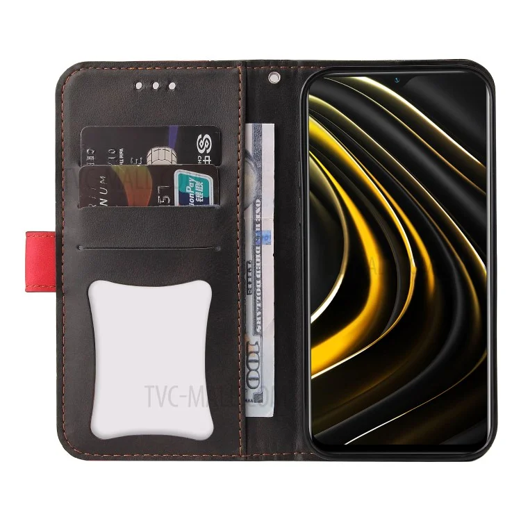Color de Protección Completa Empicimiento PU Caja de Billetera de Soporte de Cuero Con Correa Para la Muñeca Para Xiaomi Poco M3 / Redmi Note 9 4G (Qualcomm Snapdragon 662) / Redmi 9 Potencia / Redmi 9t - Negro Rojo