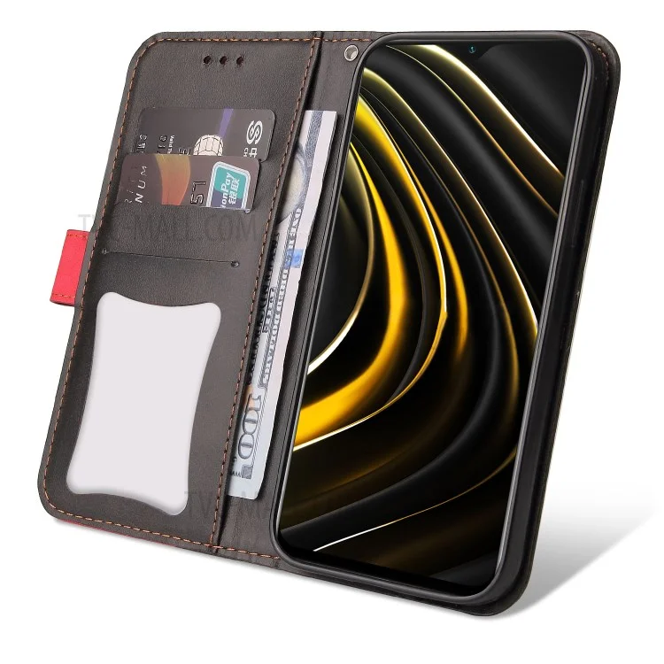 Color de Protección Completa Empicimiento PU Caja de Billetera de Soporte de Cuero Con Correa Para la Muñeca Para Xiaomi Poco M3 / Redmi Note 9 4G (Qualcomm Snapdragon 662) / Redmi 9 Potencia / Redmi 9t - Negro Rojo