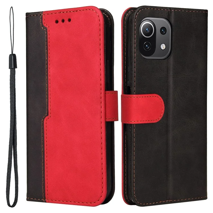 Two-Color Stitching Business Style Magnetic Soft PU Shockproof Flip Cover Wallet with Strap for Xiaomi Mi 11 - Red/Black