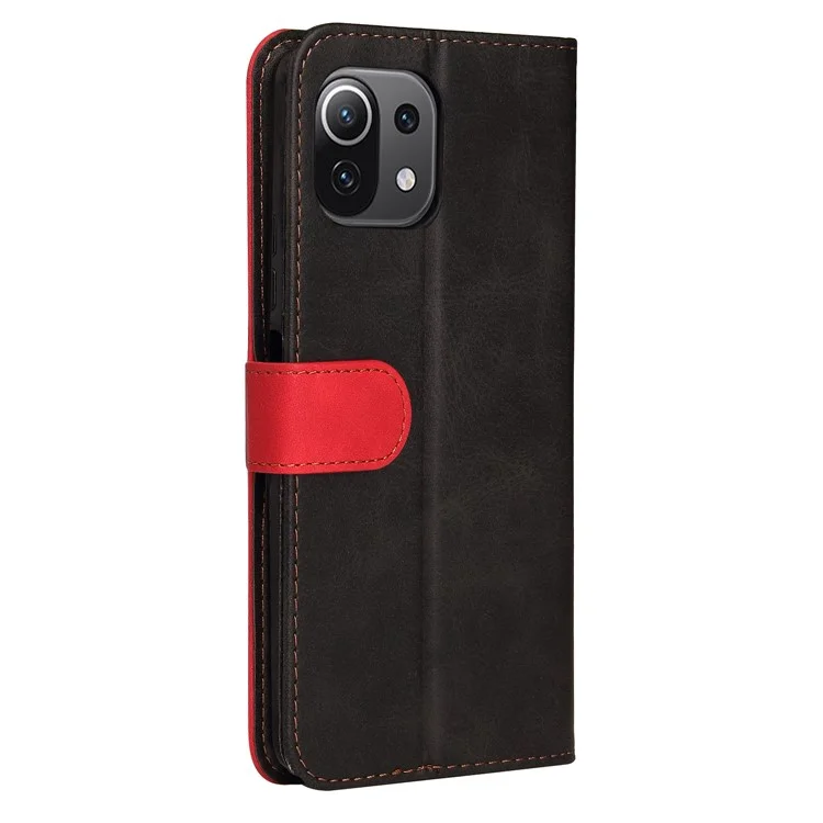 Two-Color Stitching Business Style Magnetic Soft PU Shockproof Flip Cover Wallet with Strap for Xiaomi Mi 11 - Red/Black