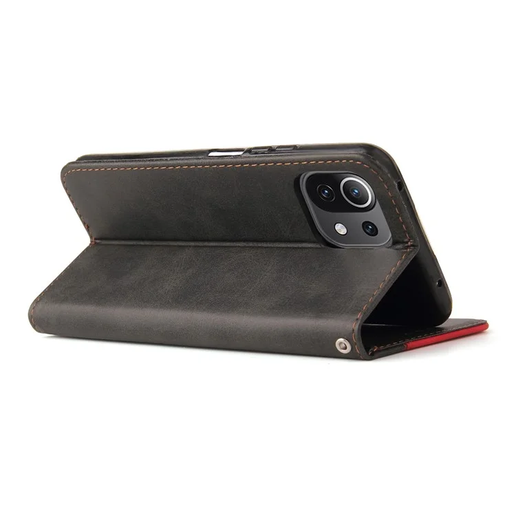 Two-Color Stitching Business Style Magnetic Soft PU Shockproof Flip Cover Wallet with Strap for Xiaomi Mi 11 - Red/Black