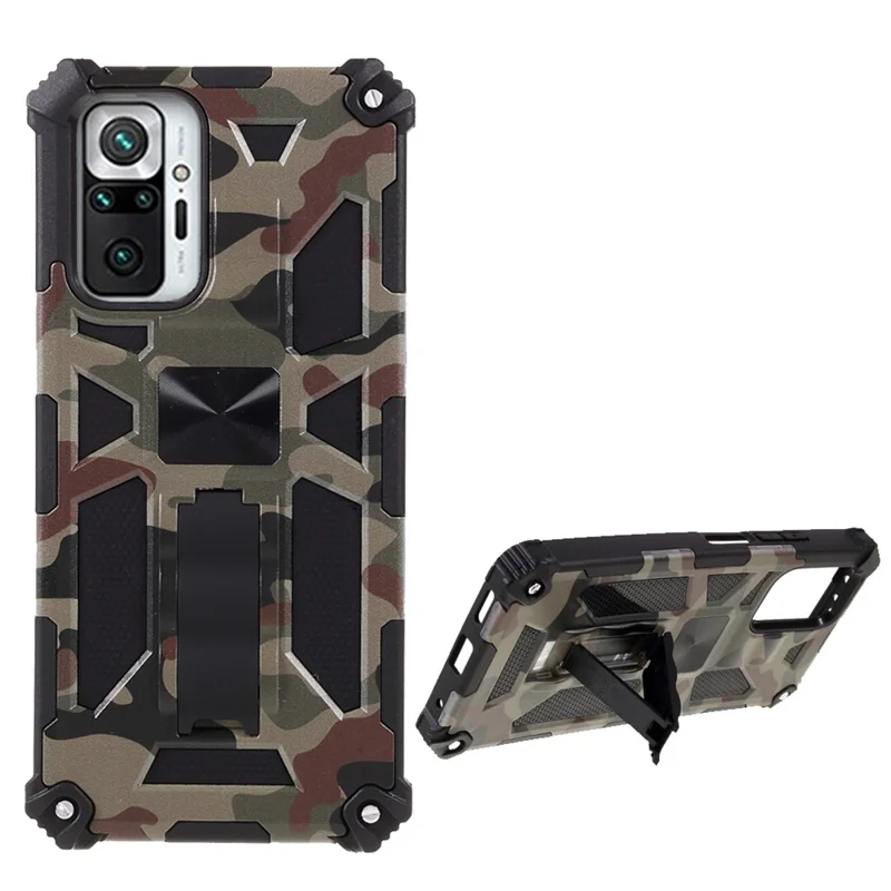 Camouflage Pattern Phone Hybrid Case Shell with Magnet Sheet and Kickstand for Xiaomi Redmi Note 10 Pro 4G (Global) / Note 10 Pro 4G (India) / Note 10 Pro Max - Army Green