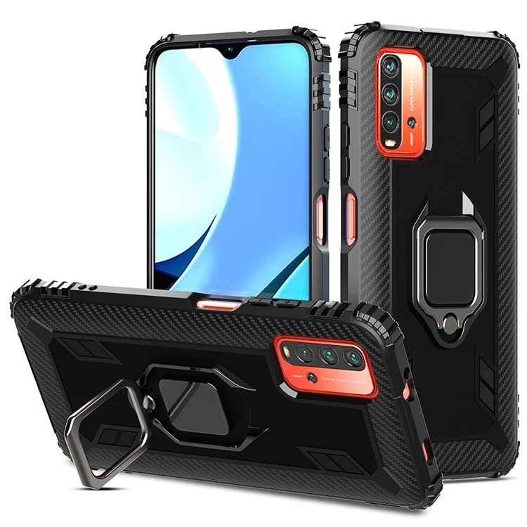 Military Grade Shockproof Soft TPU Protective Cover Built-in Ring Magnetic Holder Kickstand for Xiaomi Redmi 9T - Black