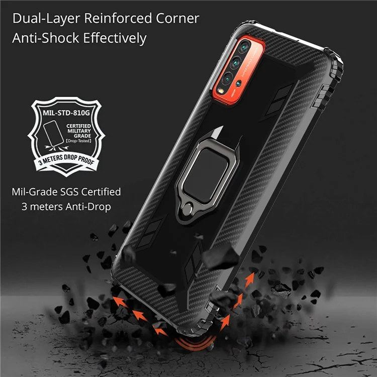 Military Grade Shockproof Soft TPU Protective Cover Built-in Ring Magnetic Holder Kickstand for Xiaomi Redmi 9T - Black