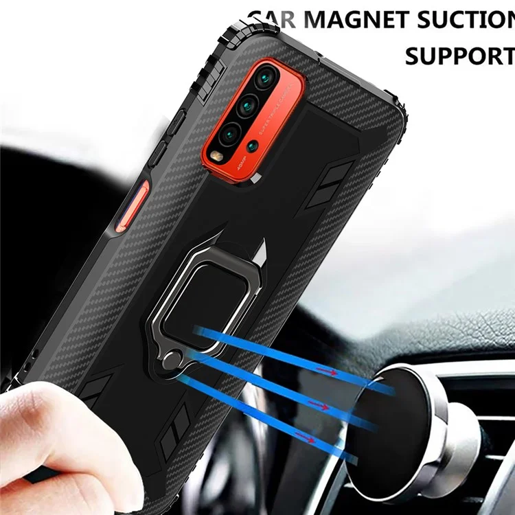 Military Grade Shockproof Soft TPU Protective Cover Built-in Ring Magnetic Holder Kickstand for Xiaomi Redmi 9T - Black