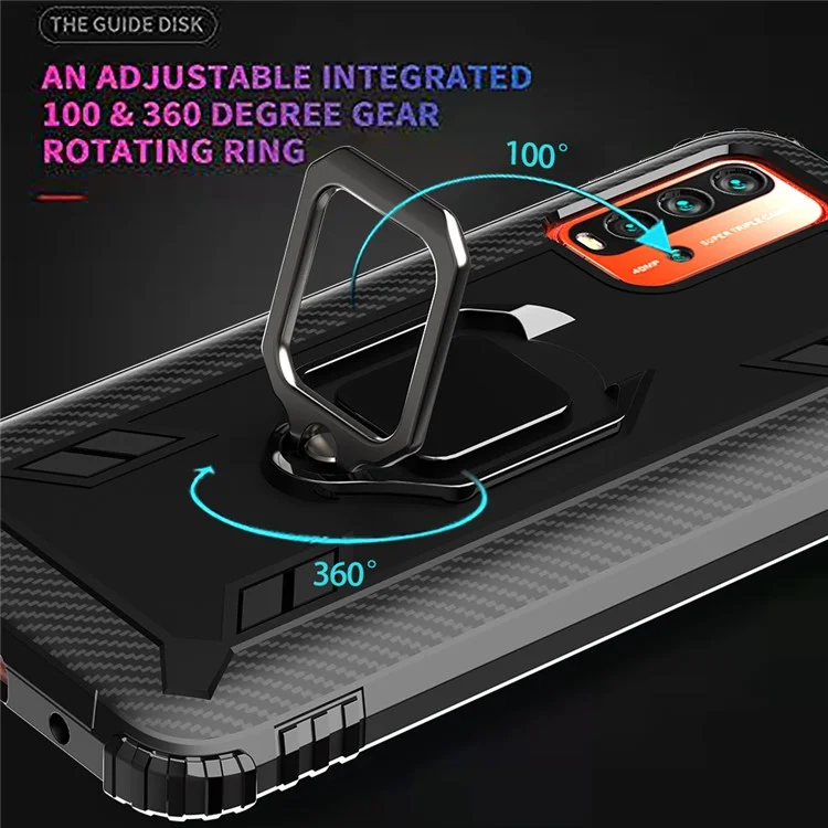 Military Grade Shockproof Soft TPU Protective Cover Built-in Ring Magnetic Holder Kickstand for Xiaomi Redmi 9T - Black