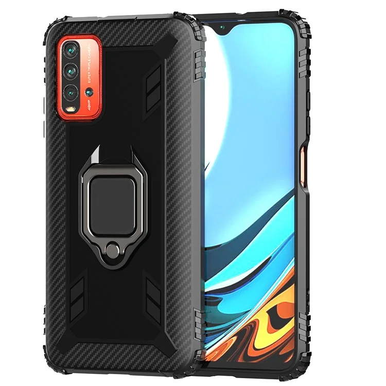 Military Grade Shockproof Soft TPU Protective Cover Built-in Ring Magnetic Holder Kickstand for Xiaomi Redmi 9T - Black