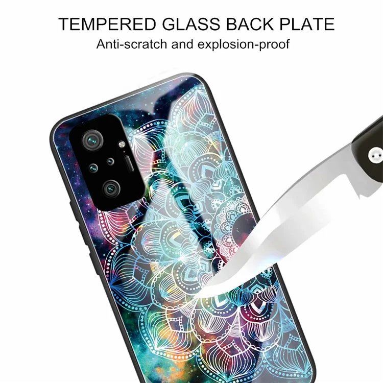 Muster-Druck Weiche TPU Anti-Kratzer Stoßschutz Design Gehärtetes Glas Rückseite Abdeckung für Xiaomi Redmi Note 10 Pro Max / Note 10 Pro 4G (Global) / Note 10 Pro 4G (Indien) - Mandala-Blume