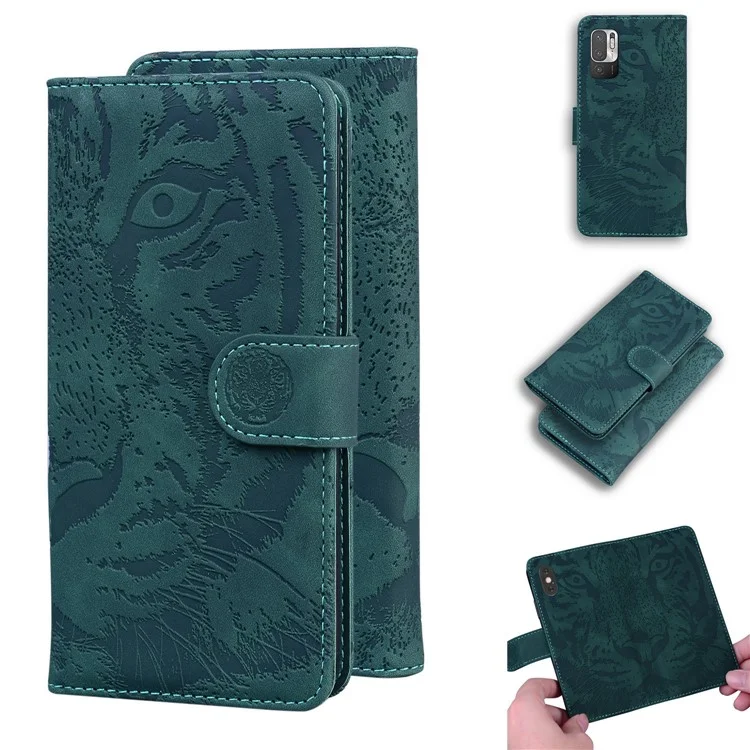 TIGER IMPRINT PROTEZIONE FULL POWER PELLE STAND STAND TELEFONORE CASO DI SHELL PER XIAOMI REDMI NOTA 10 5G / POCO M3 PRO 4G / POCO M3 PRO 5G - Verde