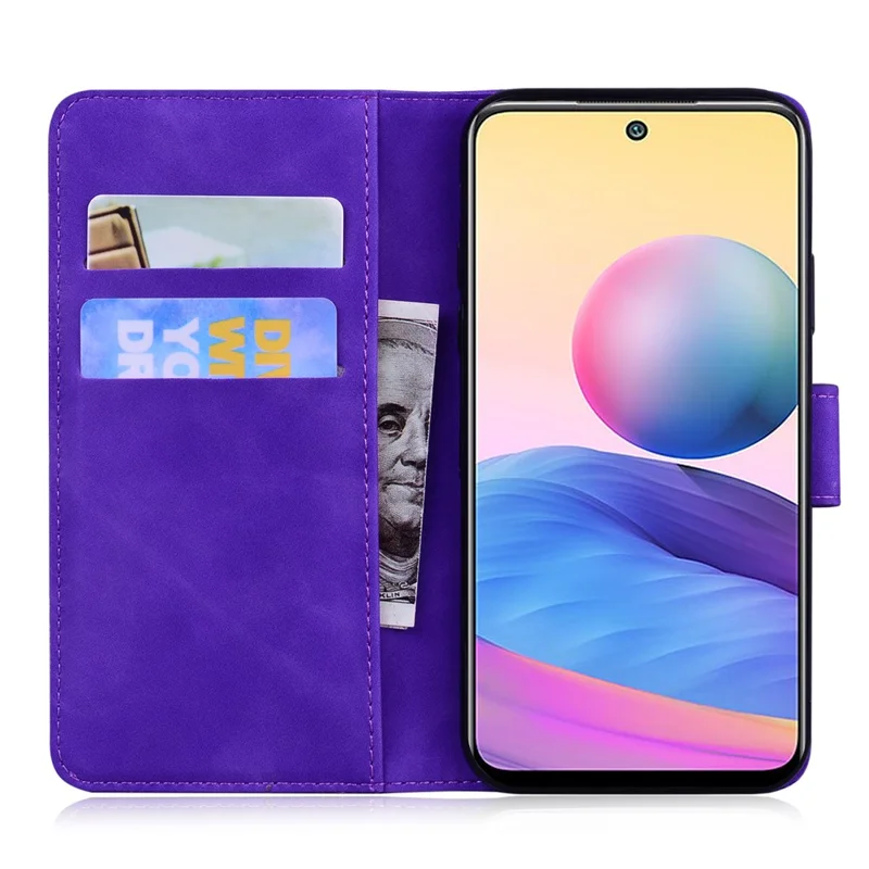 Futeralna obudowa z portfelem ze skórzaną podstawką z nadrukiem Tygrysa, pełna ochrona, na telefon Xiaomi Redmi Note 10 5G/Poco M3 Pro 4G/Poco M3 Pro 5G – fioletowa