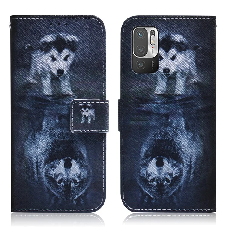 Custodia portafoglio in pelle PU di alta qualità con stampa di modelli carini per Xiaomi Redmi Note 10 5G / Poco M3 Pro 5G / 4G - Cane e lupo