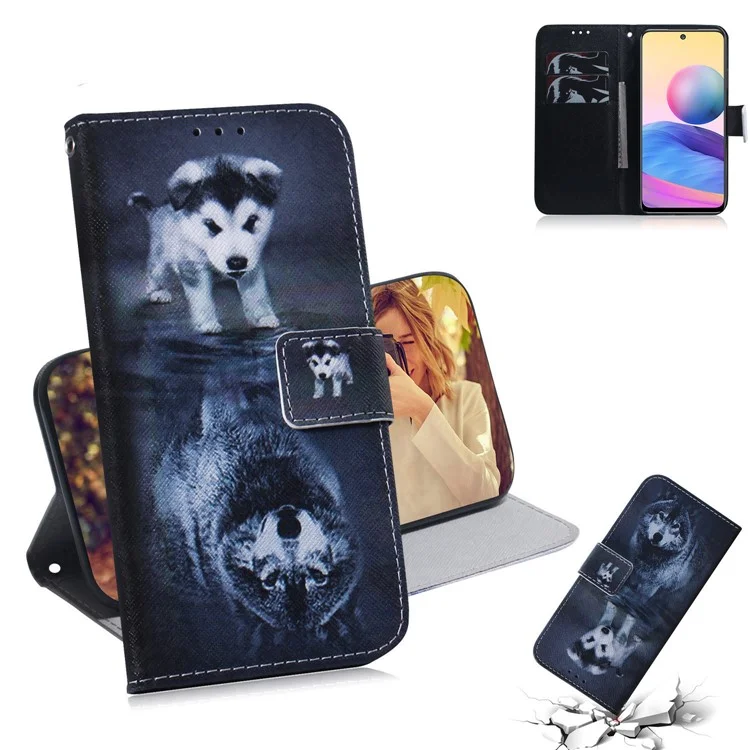Custodia portafoglio in pelle PU di alta qualità con stampa di modelli carini per Xiaomi Redmi Note 10 5G / Poco M3 Pro 5G / 4G - Cane e lupo