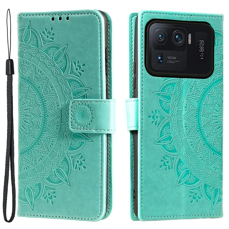 Imprinted Mandala Pattern PU Leather Wallet Stand Case with Strap for Xiaomi Mi 11 Ultra - Green