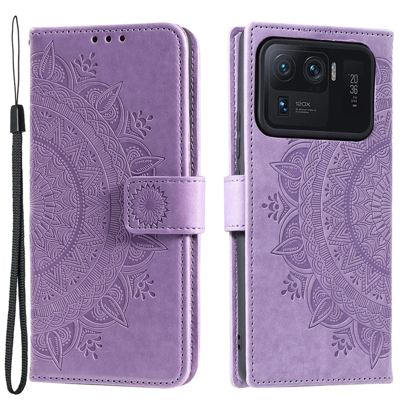 Imprinted Mandala Pattern PU Leather Wallet Stand Case with Strap for Xiaomi Mi 11 Ultra - Purple
