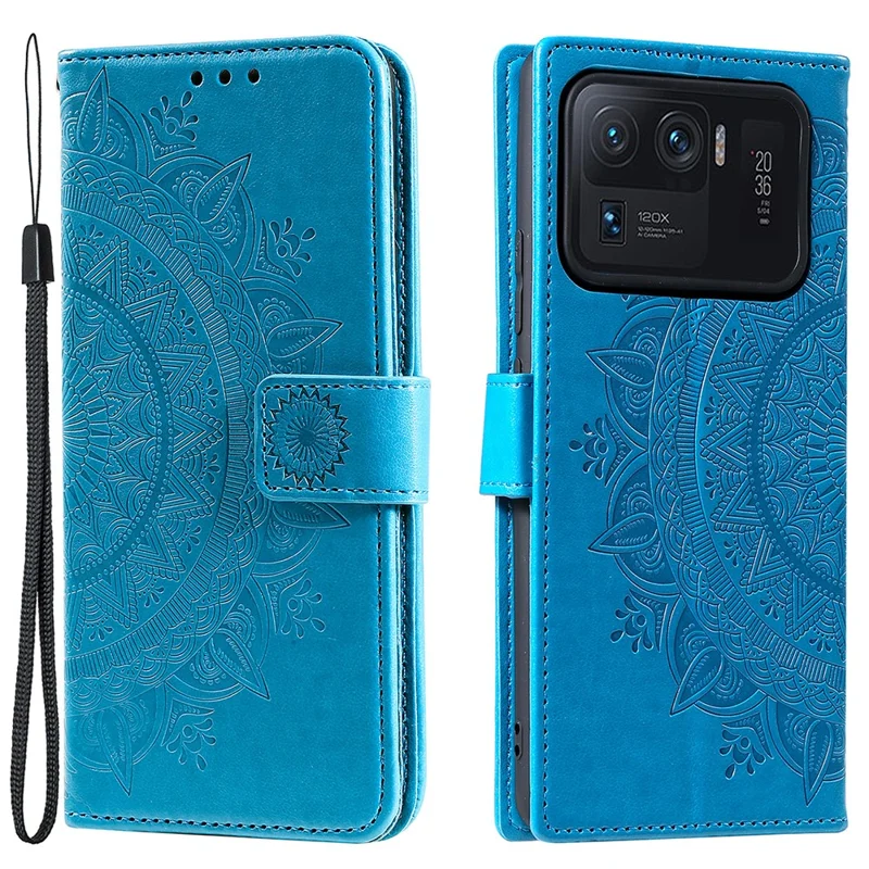Imprinted Mandala Pattern PU Leather Wallet Stand Case with Strap for Xiaomi Mi 11 Ultra - Blue