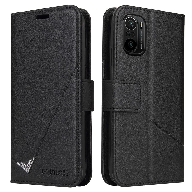 Portefeuille en cuir résistant aux chocs avec décoration en métal rectangulaire pour Xiaomi Redmi K40/K40 Pro/K40 Pro+/Mi 11i/Poco F3 - Noir
