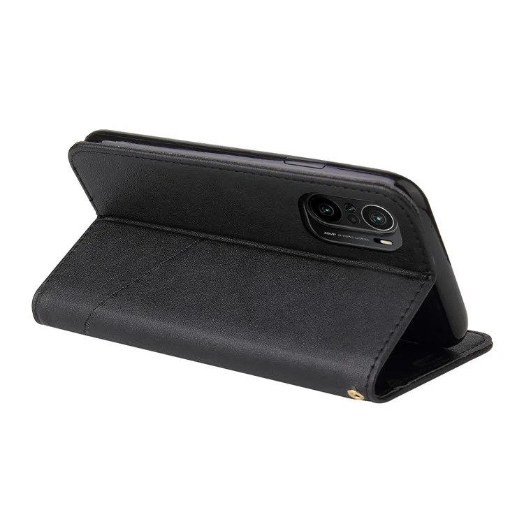 Portefeuille en cuir résistant aux chocs avec décoration en métal rectangulaire pour Xiaomi Redmi K40/K40 Pro/K40 Pro+/Mi 11i/Poco F3 - Noir