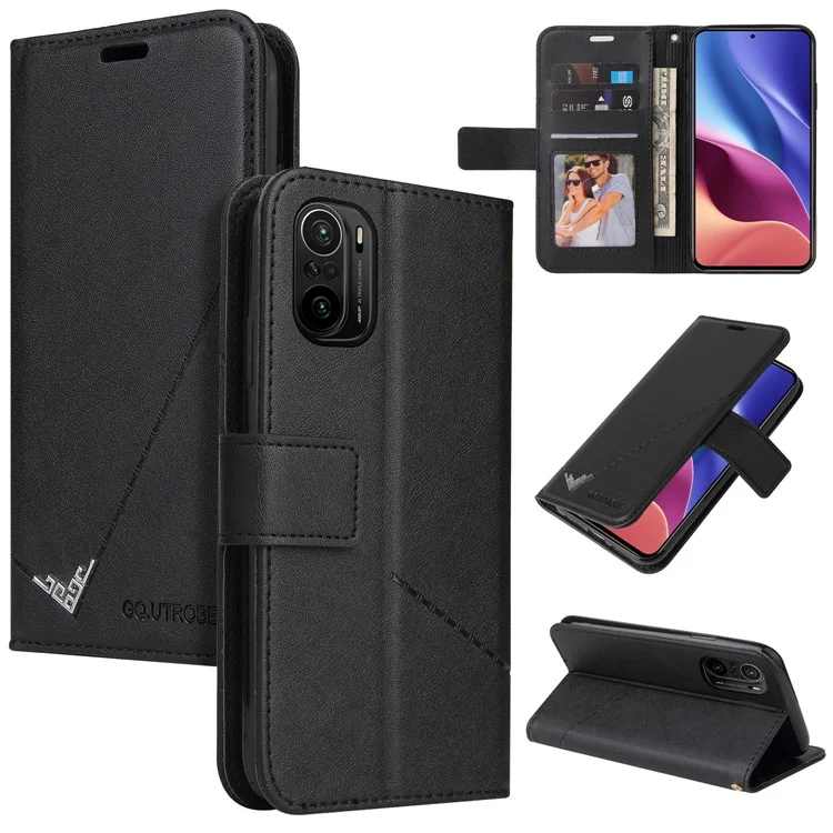 Portefeuille en cuir résistant aux chocs avec décoration en métal rectangulaire pour Xiaomi Redmi K40/K40 Pro/K40 Pro+/Mi 11i/Poco F3 - Noir