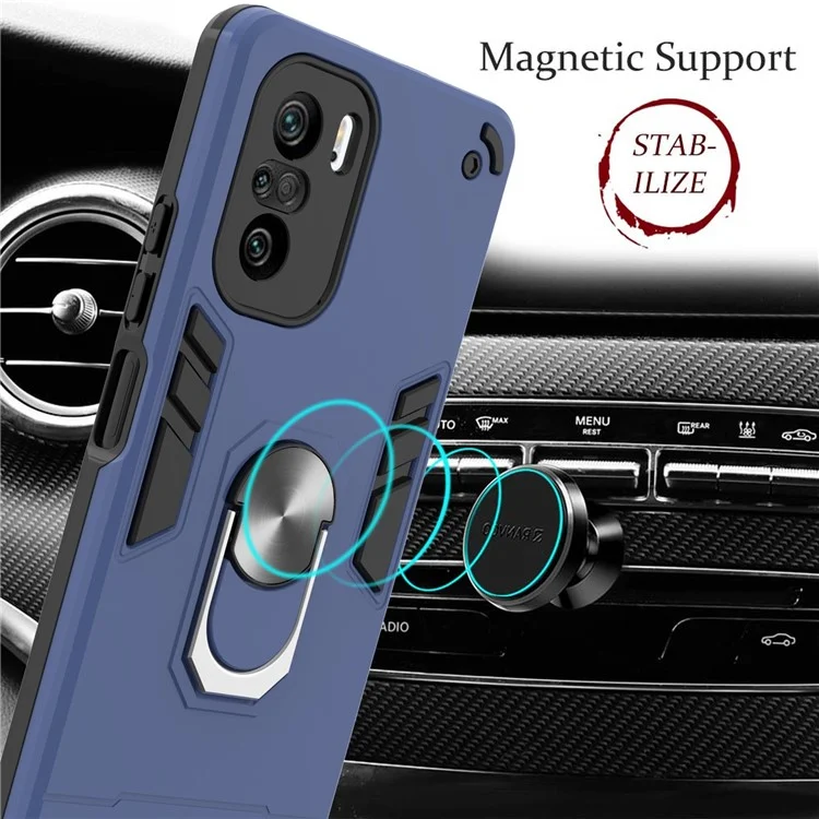 Rotating Car Magnetic Ring Kickstand PC + TPU Hybrid Shock-Absorbing Phone Case for Xiaomi Mi 11i / Poco F3 / Redmi K40 / K40 Pro - Blue