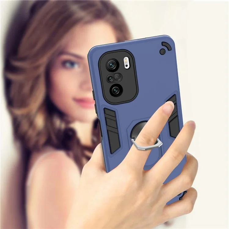Rotating Car Magnetic Ring Kickstand PC + TPU Hybrid Shock-Absorbing Phone Case for Xiaomi Mi 11i / Poco F3 / Redmi K40 / K40 Pro - Blue