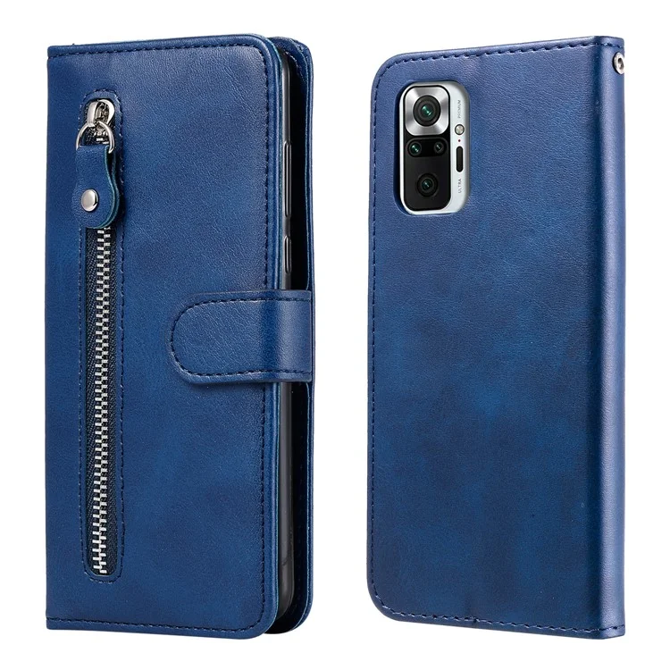 Full Protection Zipper Pocket Leather Wallet Design Phone Case for Xiaomi Poco M3 Pro 4G / 5G / Redmi Note 10 5G/ 10T 5G - Blue