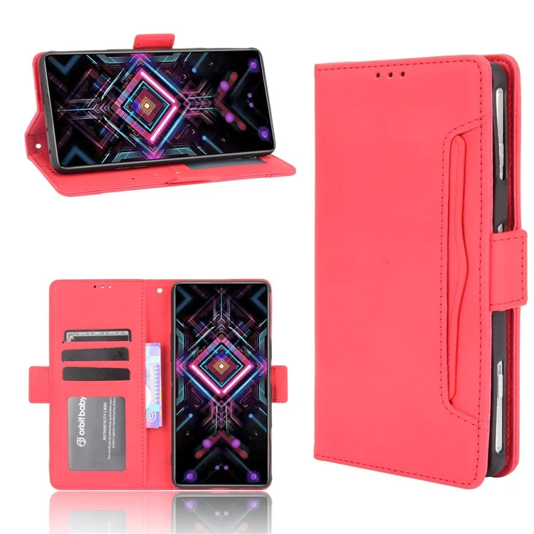 Phone Cover Wallet Design Stand Case with Multiple Card Slots for Xiaomi Poco F3 GT / Redmi K40 Gaming - Red