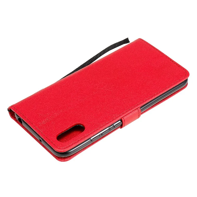 For Xiaomi Redmi 9A Case Solid Color Leather Mobile Cover Wallet Stand with Strap - Red