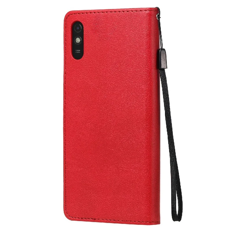 For Xiaomi Redmi 9A Case Solid Color Leather Mobile Cover Wallet Stand with Strap - Red