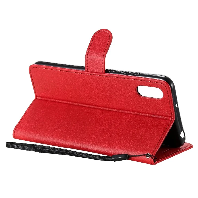 For Xiaomi Redmi 9A Case Solid Color Leather Mobile Cover Wallet Stand with Strap - Red